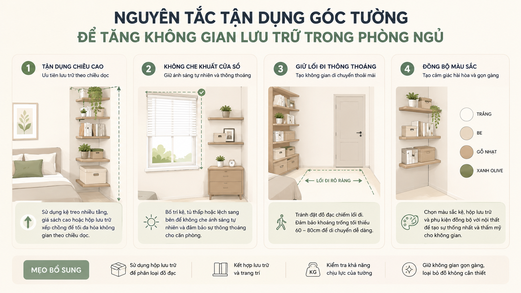 Nguyên tắc tận dụng góc tường phòng ngủ bằng kệ treo và hộp lưu trữ